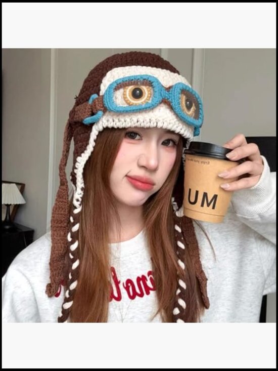Pilot Crochet Beanie with Goggles, Knit Warm Hat with Ear Flap, Winter Cosplay